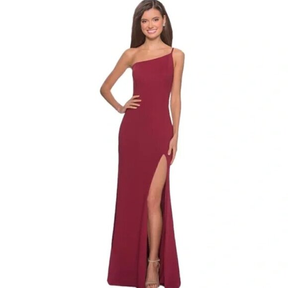 New La Femme 28176 One Shoulder Jersey Burgundy Evening Gown NWT Size 12 - Picture 3 of 6